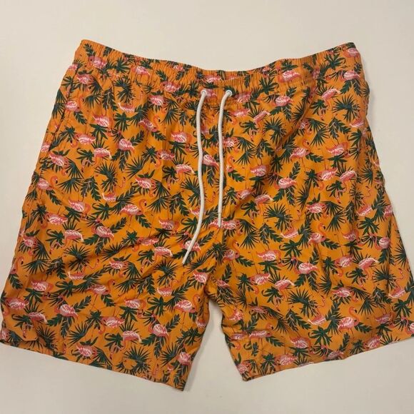 Men’s Flamingo Print Swim Trunks | Tropical Orange Shorts - Picture 4 of 4